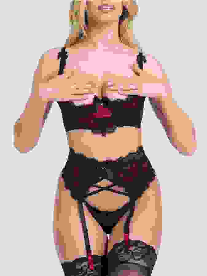 Lovehoney Boudoir Belle Cherry Quarter Cup Bra Set, Black, hi-res